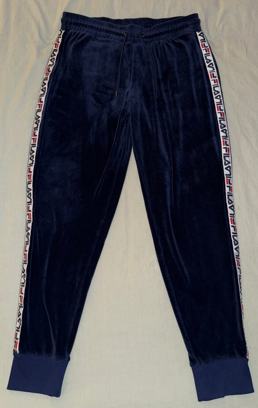 Women's FILA Velour Sweatpants Navy Logo Tape Stripe Drawstring Jogger